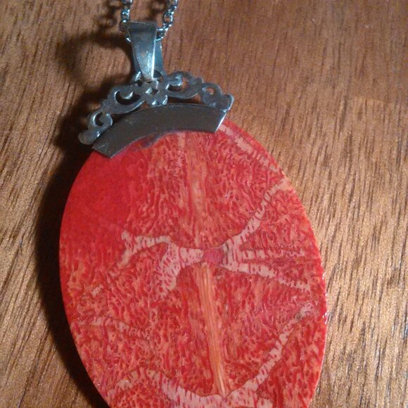 Red Sponge Coral Sterling Silver Pendant Stainless Steel Necklace - Picture 6 of 14